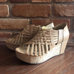 Chocolate Blu Woven Web Nude Leather Wedge Sandals